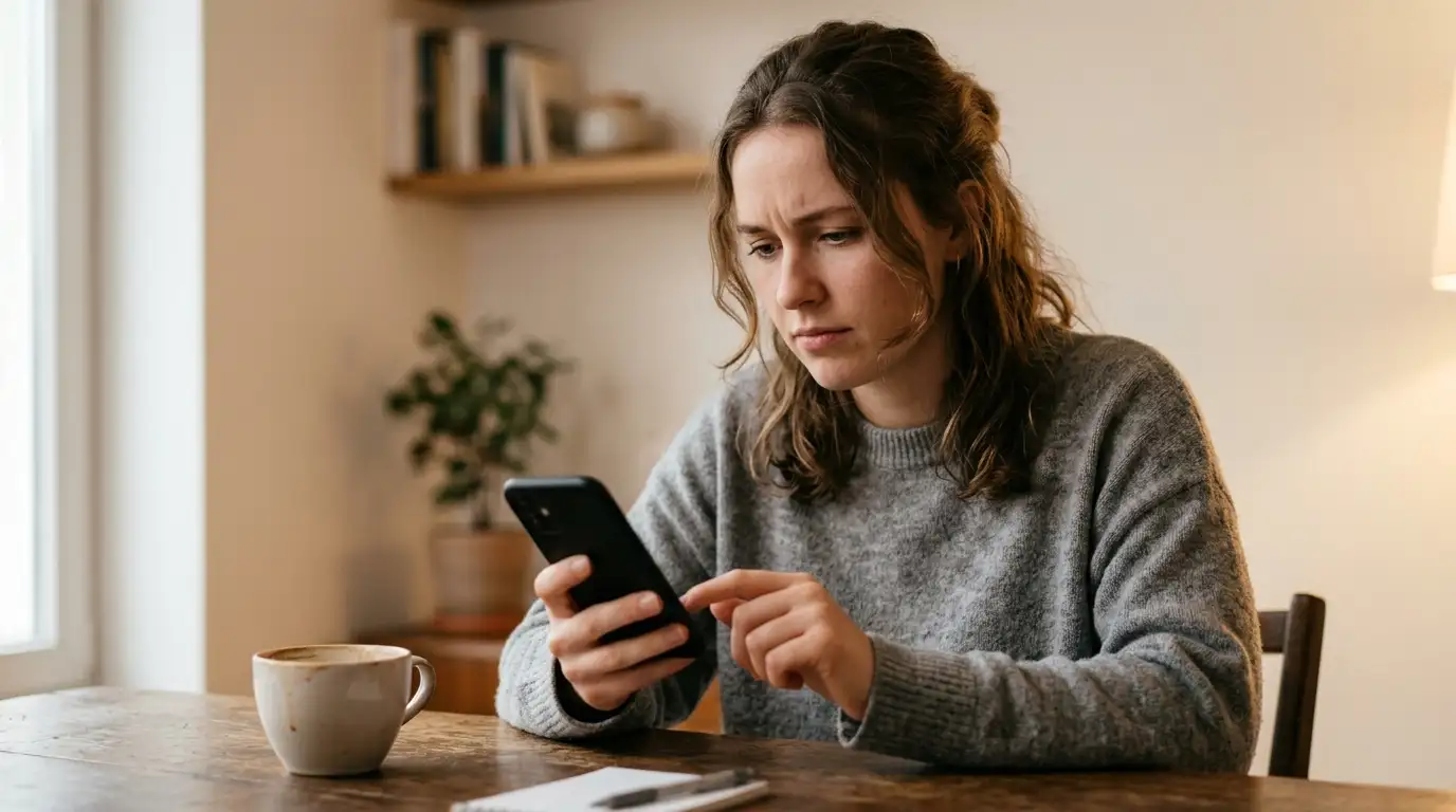 Člověk přemýšlí nad telefonem kvůli zamítnutému vkladu přes SMS
