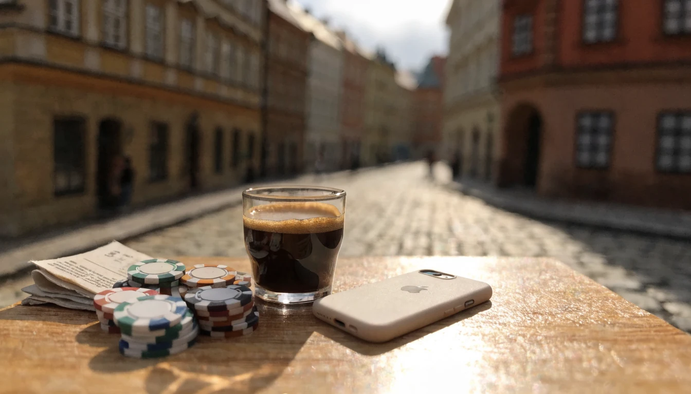 Pražská kavárna, iPhone na stole, hrací žetony a ranní káva