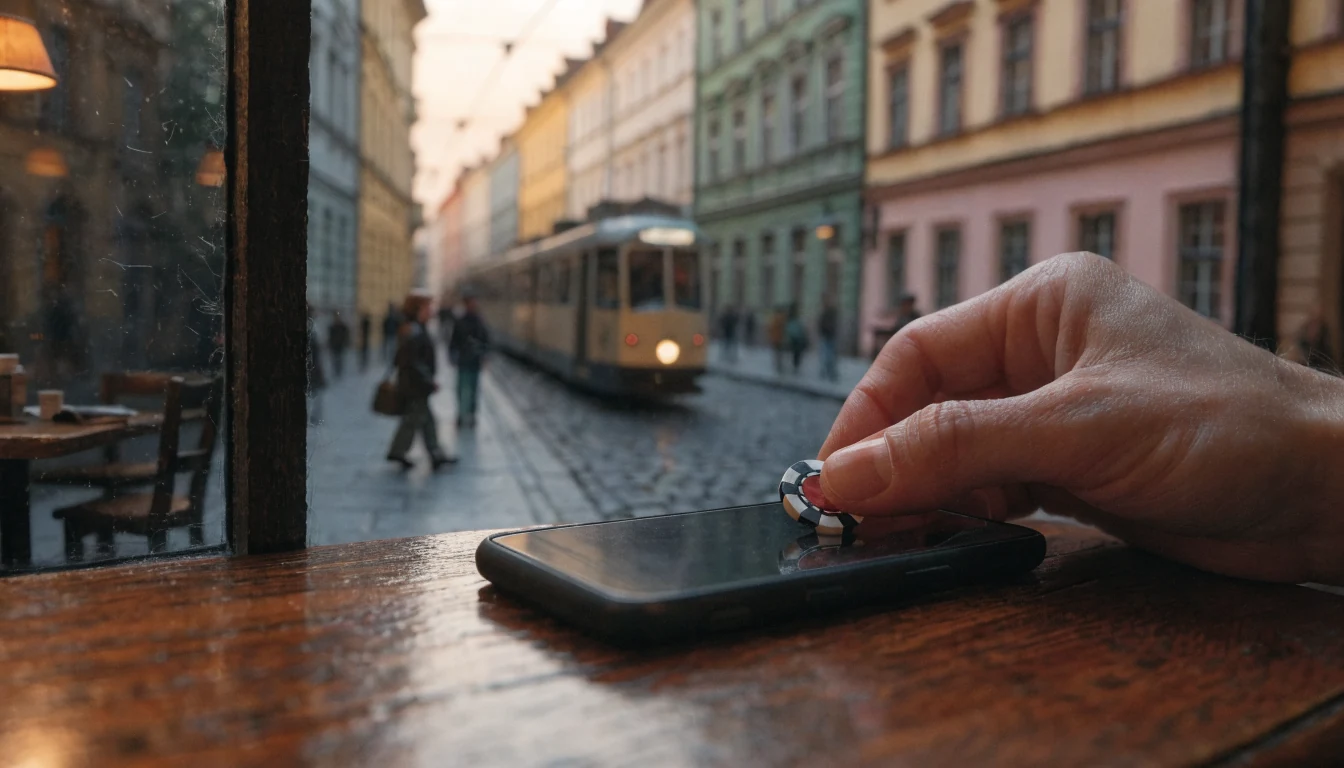 Mobilní telefon na stole české kavárny s žetonem kasina