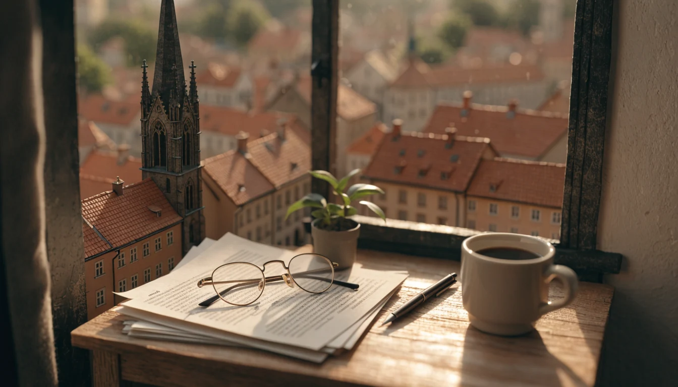 Dřevěný stůl u okna s tištěnými dokumenty, brýlemi a kávou, výhled na střechy a věž českého města.