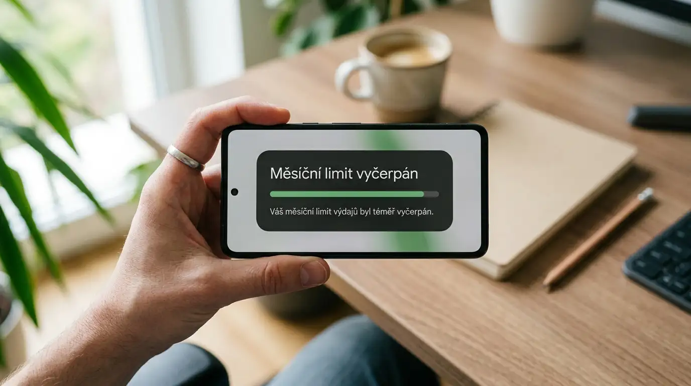 Ruka drží telefon s upozorněním na vyčerpaný měsíční limit vkladu