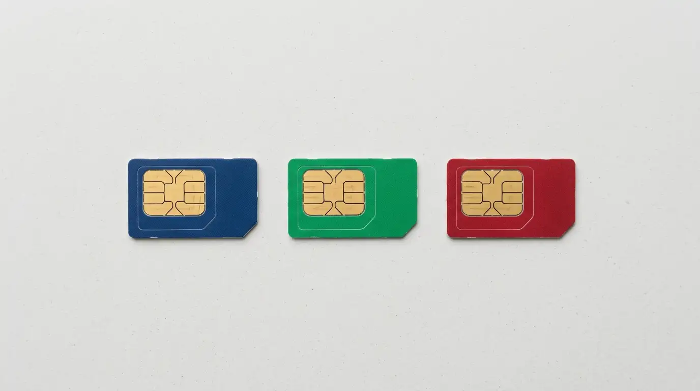 Tři SIM karty symbolizující srovnání podpory operátorů u SMS vkladu