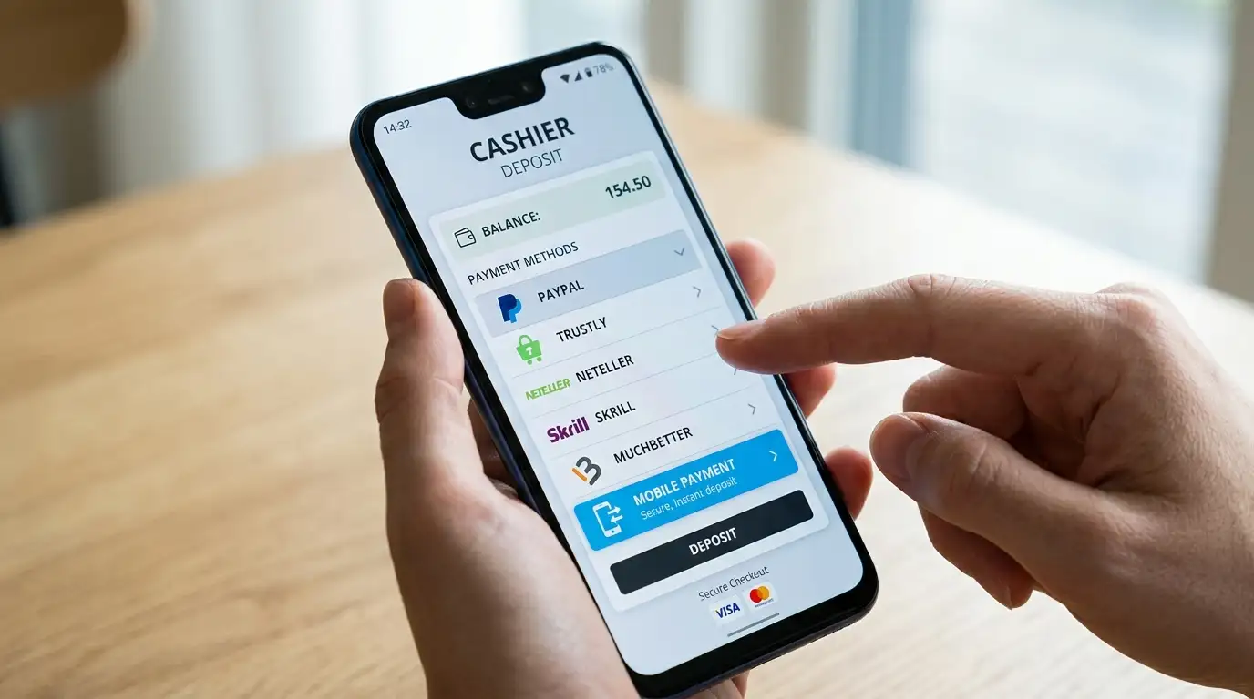 Výběr mobilní platby v pokladně online casina na obrazovce telefonu