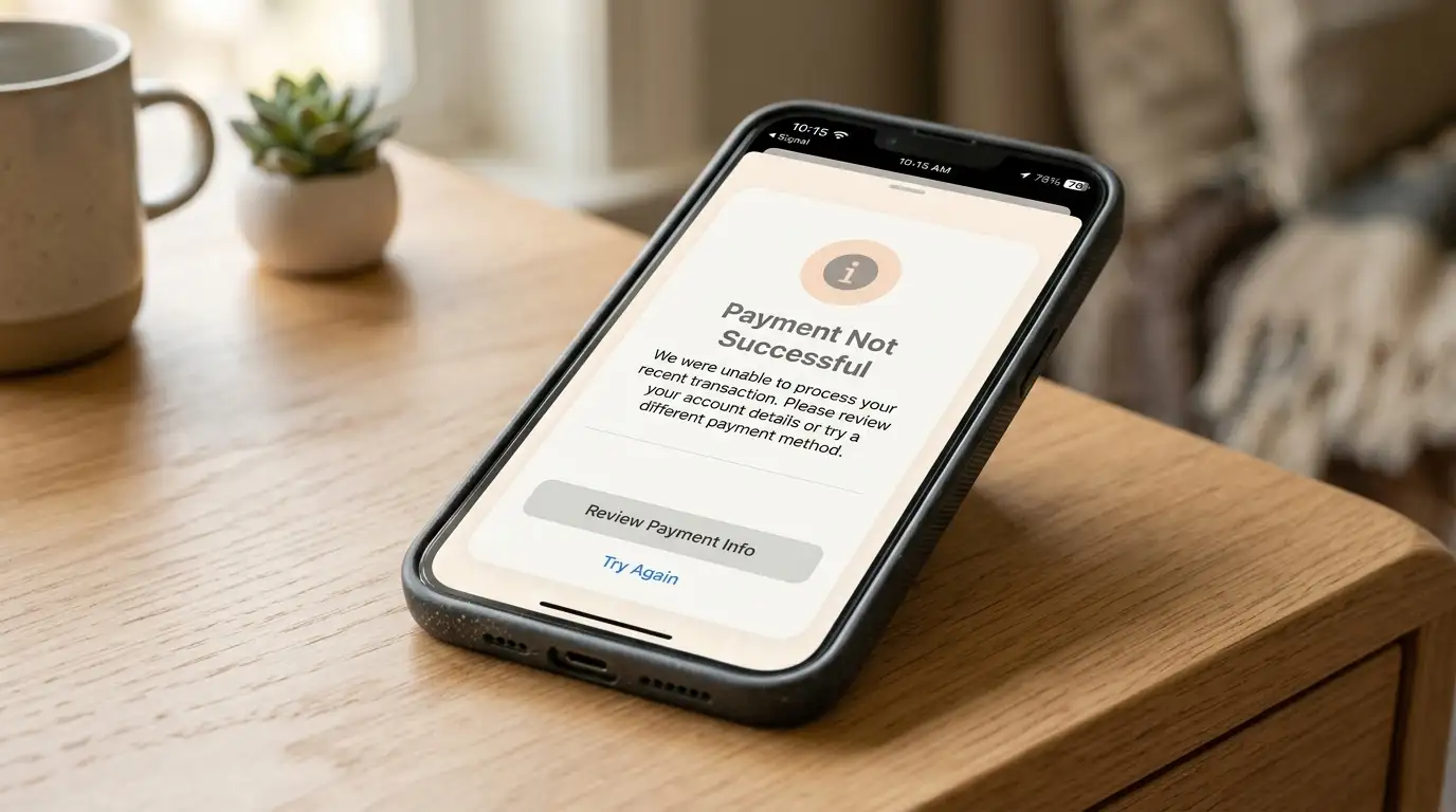 Zamítnutá mobilní platba s chybovou hláškou na telefonu